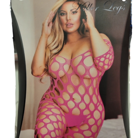 Killer Legs Open Work Fishnet 3/4 Sleeve Bodystocking Pink/Fuchsia Plus Size - Picture 2 of 4